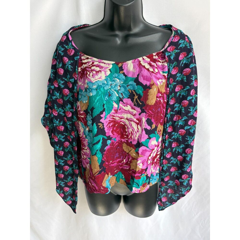 Vintage Carole Little For Saint Tropez West Dark Floral Blouse Flowy Sleeve sz 6